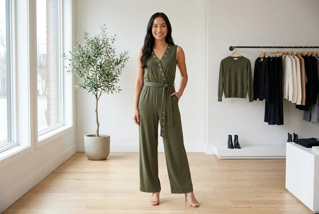 Model wearing Women's X-Large Jumpsuits and Rompers Women's Grommet Wide-Leg Jumpsuit in Online Warehouse Sale boutique studio