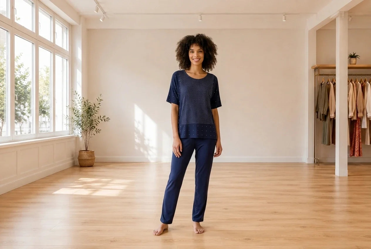 Model wearing Women's X-Large Loungewear and Pajamas Women's Contrast-Dots Pajama Top in Online Warehouse Sale boutique studio