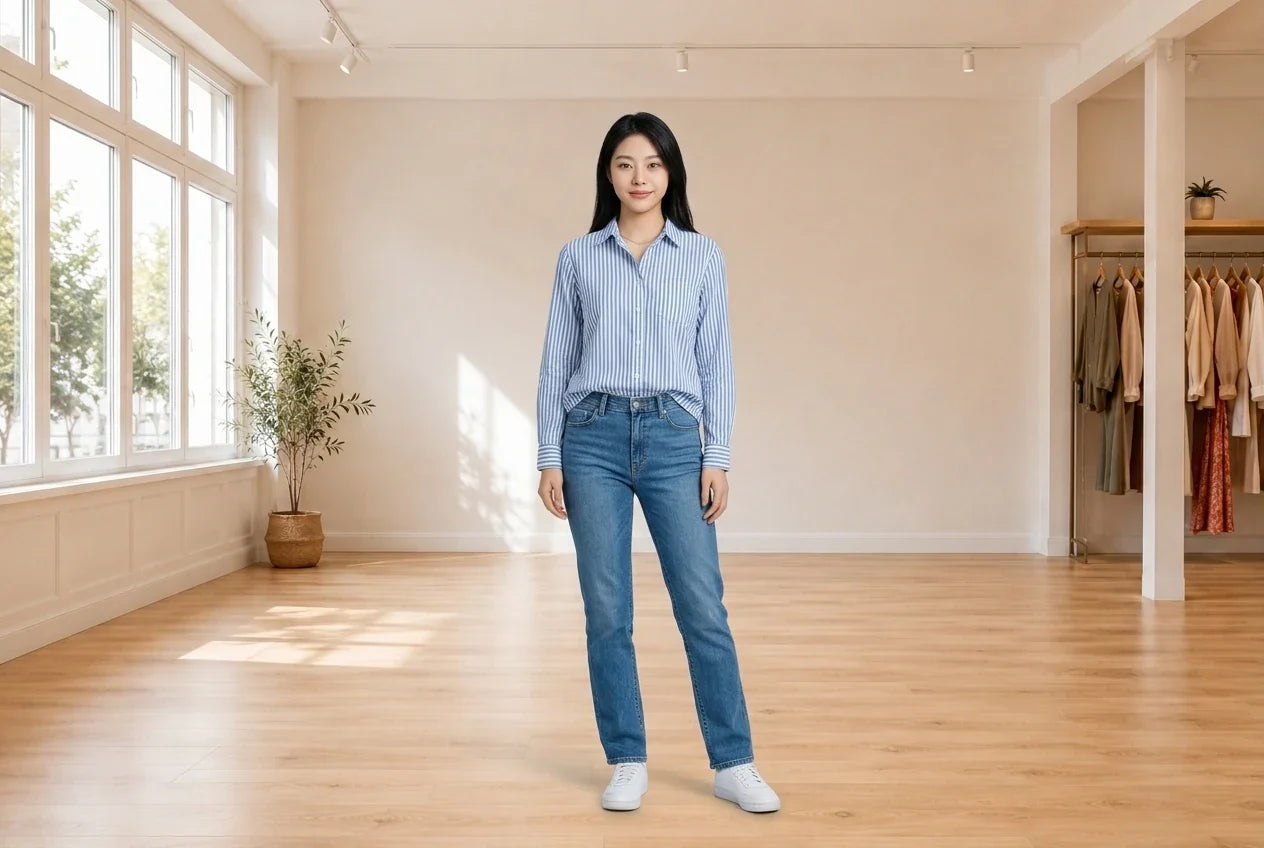 Model wearing Women's X-Small Blouses Women's Cotton Striped Shirt in Online Warehouse Sale boutique studio