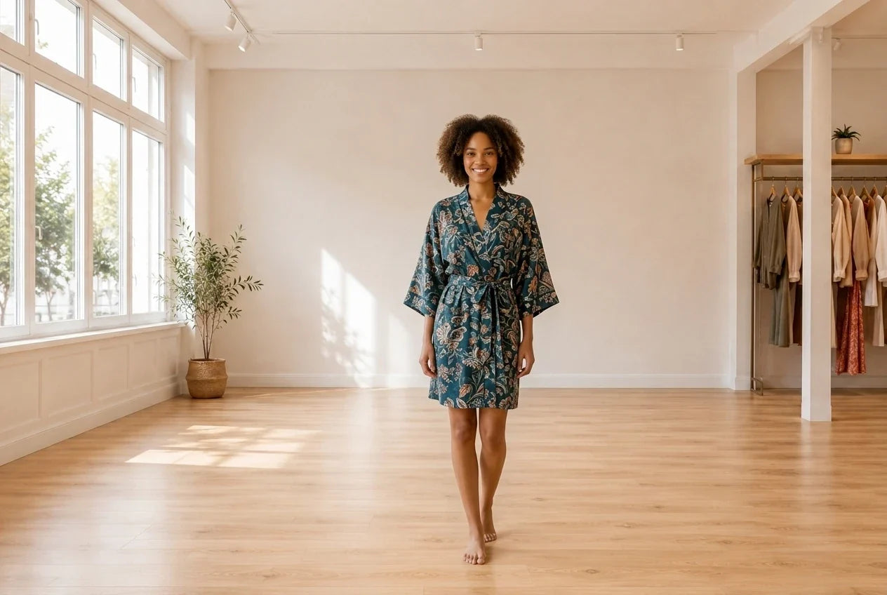 Model wearing Women's X-Small Loungewear and Pajamas Women's Mixed-Print Short Wrap Robe in Online Warehouse Sale boutique studio