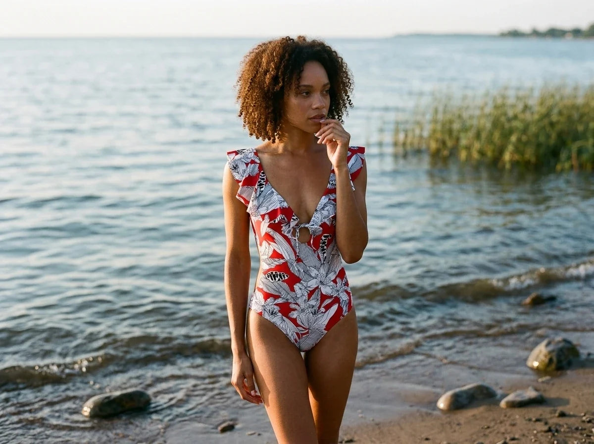 Red and white botanical print one-piece swimsuit with ruffled straps, a plunging neckline, and a center tie.