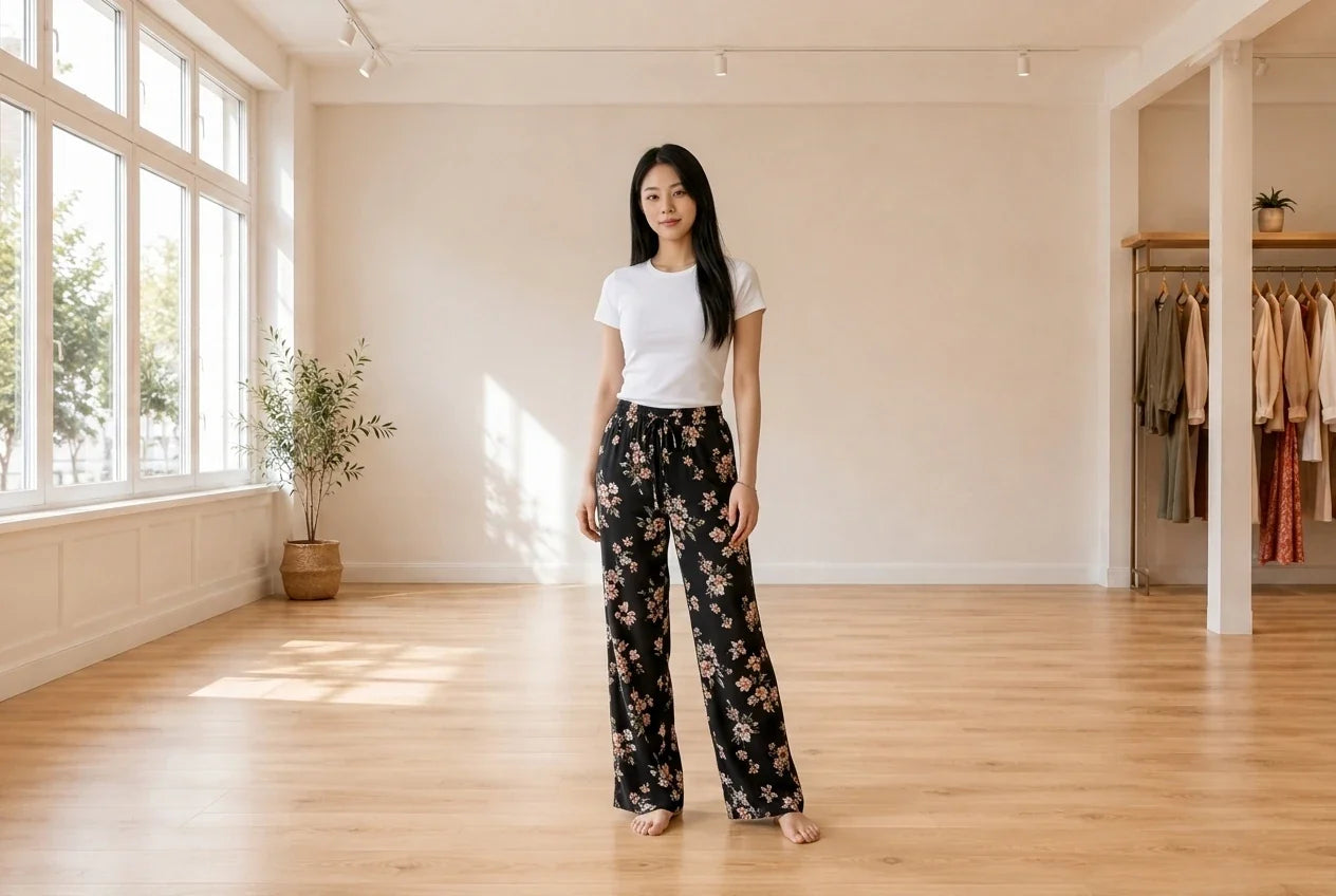 Model wearing Women's X-Small Pants Women's Floral-Print Wide-Leg Pants in Online Warehouse Sale boutique studio