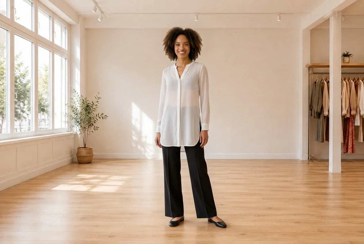 Model wearing Women's X-Small Shirts and Blouses Women's Semi-Sheer Tunic Blouse in Online Warehouse Sale boutique studio