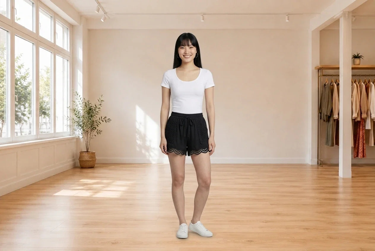 Model wearing Women's X-Small Shorts Women's Crochet-Trim Shorts in Online Warehouse Sale boutique studio