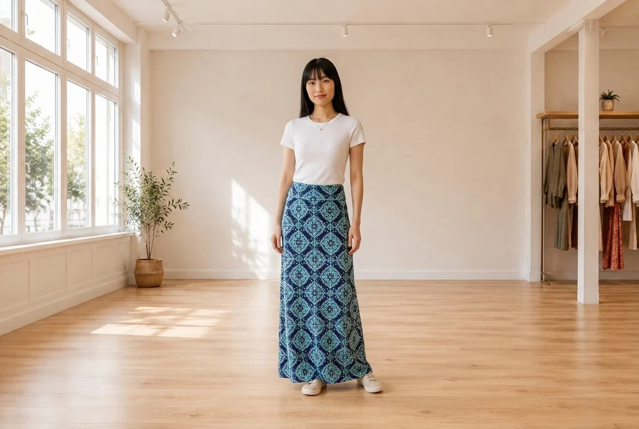 Model wearing Women's X-Small Skirts Women's Printed Knit Maxi Skirt in Online Warehouse Sale boutique studio