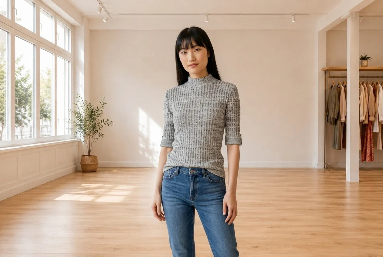 Model wearing Women's X-Small Sweaters and Cardigans Women's Marled Mock-Neck Sweater in Online Warehouse Sale boutique studio