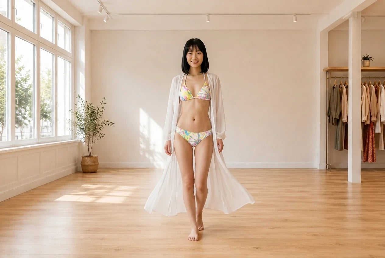 Model wearing Women's X-Small Swimwear Women's Tie-Dyed Side-Shirred Hipster Bikini Bottoms in Online Warehouse Sale boutique studio