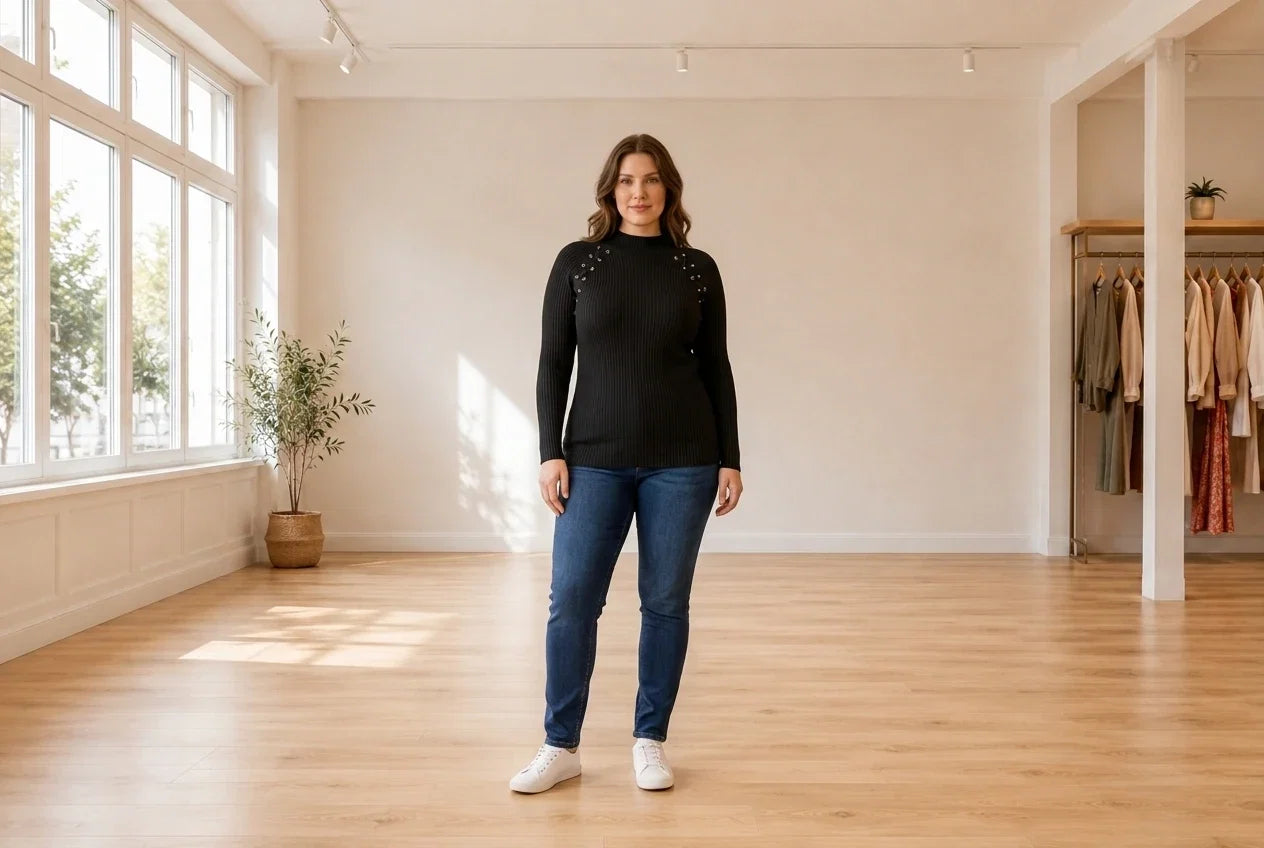 Model wearing Women's XX-Large Sweaters and Cardigans Women's Lace-Up Sweater in Online Warehouse Sale boutique studio