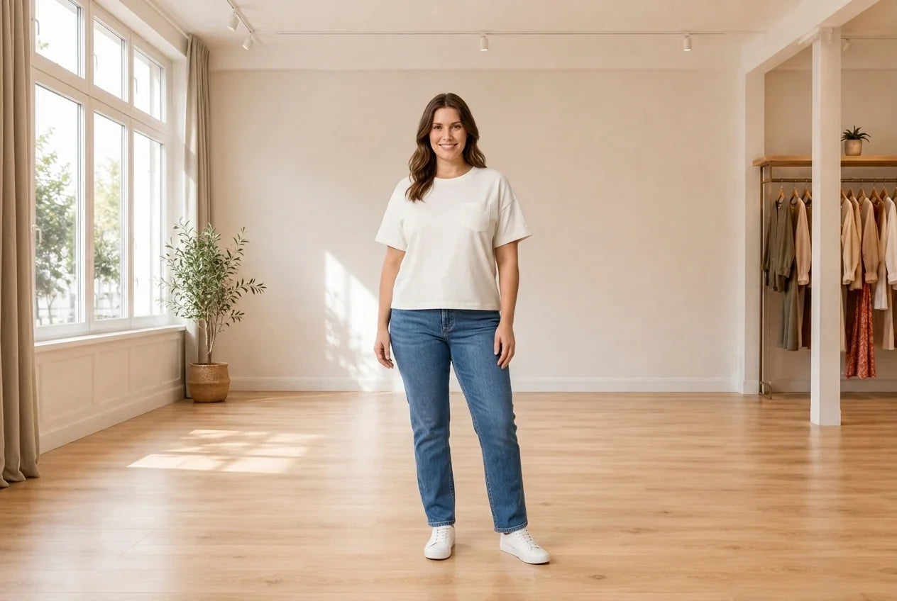 Model wearing Women's XX-Large T-Shirts Women's Boxy Crewneck T-Shirt in Online Warehouse Sale boutique studio