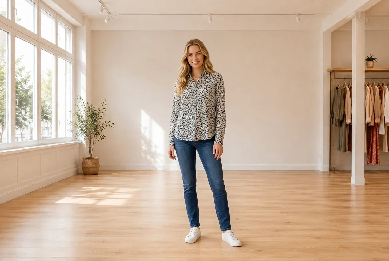 Model wearing Women's XX-Small Blouses Women's Printed Shirt in Online Warehouse Sale boutique studio