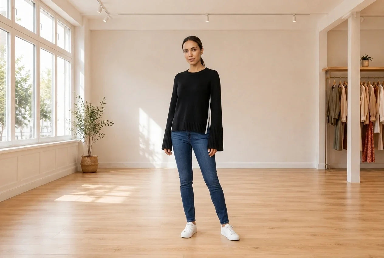 Model wearing Women's XX-Small Cardigans Women's Rib Cuff Pullover Sweater in Online Warehouse Sale boutique studio