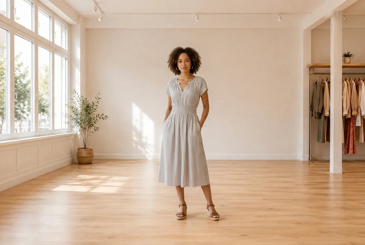 Model wearing Women's XX-Small Clothing Women's Striped Smocked-Waist Dress in Online Warehouse Sale boutique studio