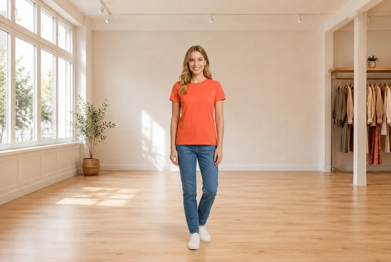 Model wearing Women's XX-Small T-Shirts Women's Cotton Classic Crewneck T-Shirt in Online Warehouse Sale boutique studio