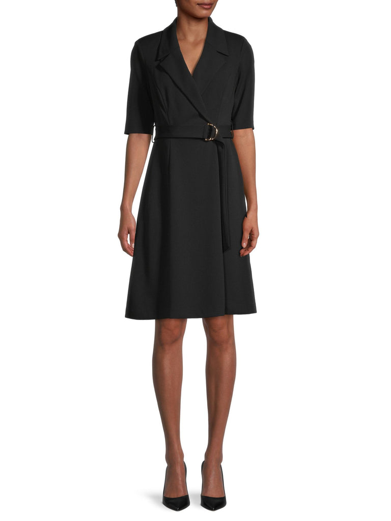 Calvin Klein Women Belted Faux Wrap Dress Black