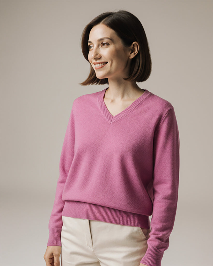 Woman wearing a pink sweater against a plain background