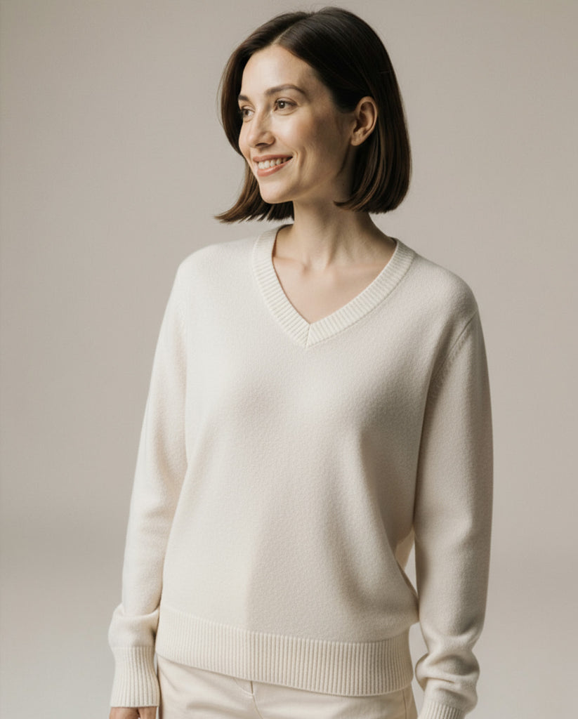 Woman wearing a beige sweater against a plain background