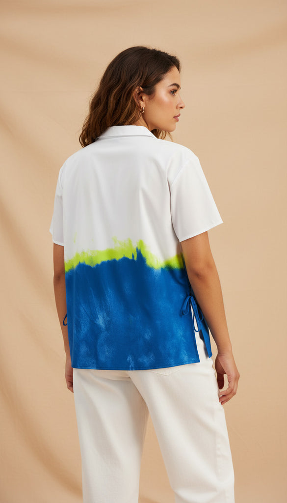 Alfani Women Printed V Neck Collared Top Blue Sublime Dye from the back