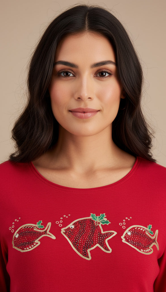 Woman wearing a red sweater with fish designs on a beige background