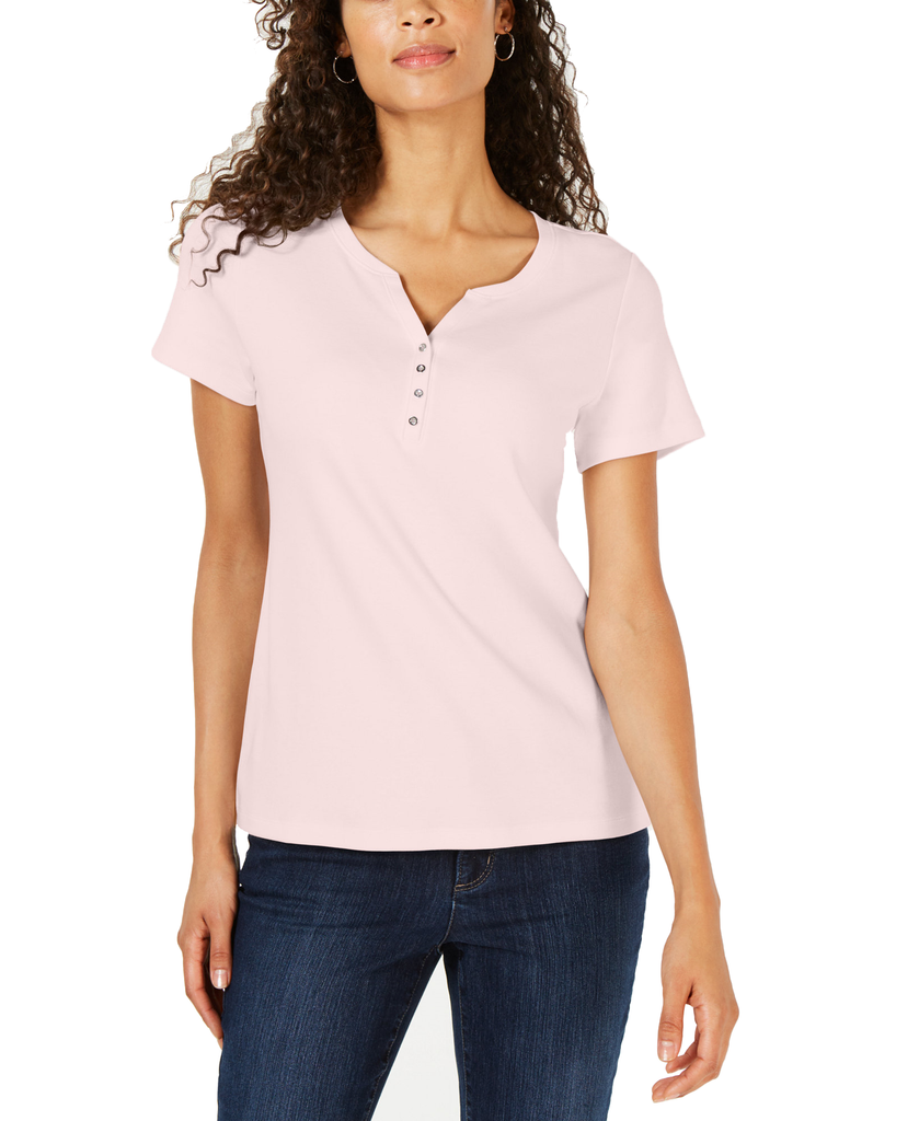 Karen Scott Women Short Sleeve Henley Top Blush