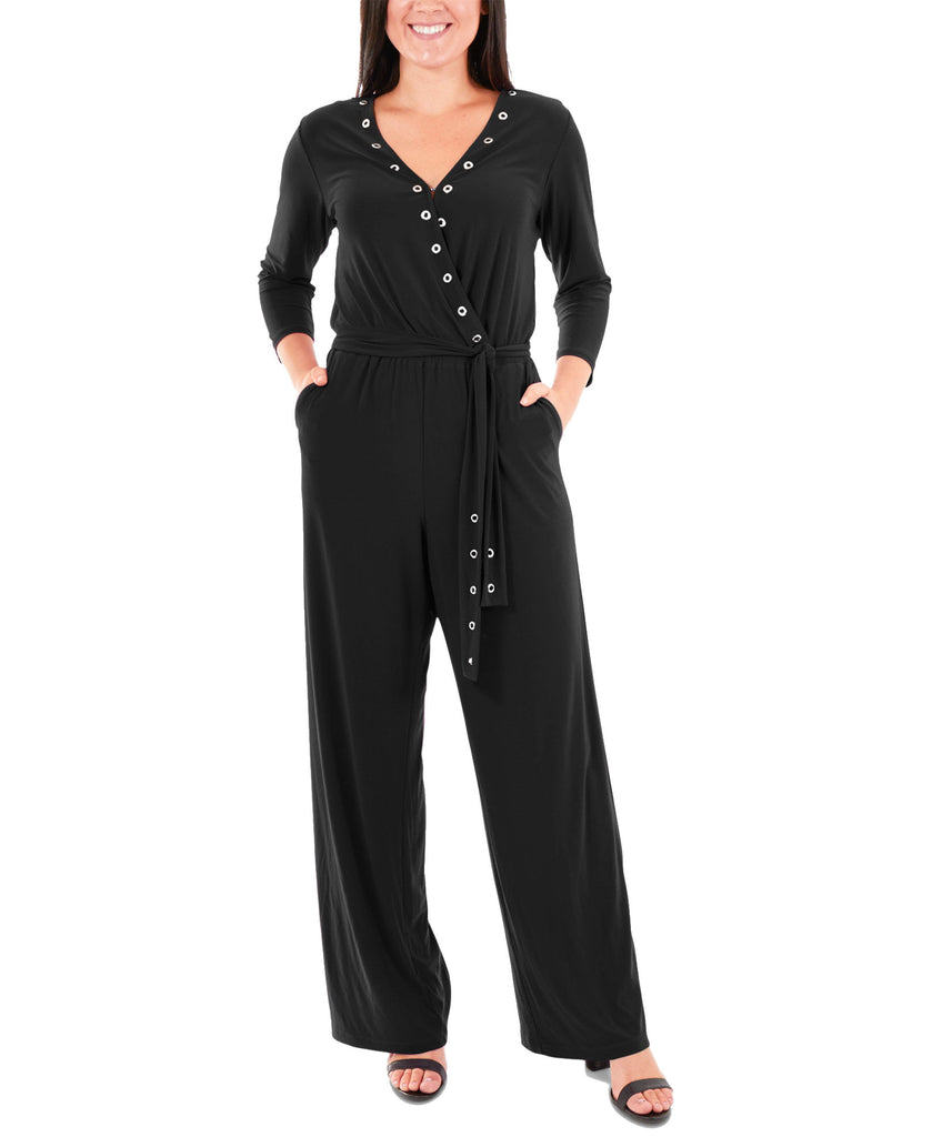 NY Collection Women Grommet Wide Leg Jumpsuit Black