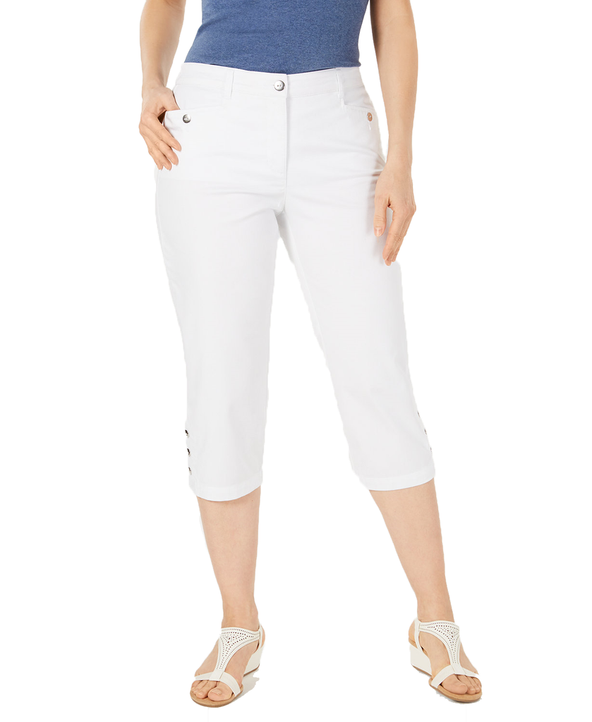 Karen Scott Women Petite Button Hem Capri Pants Bright White