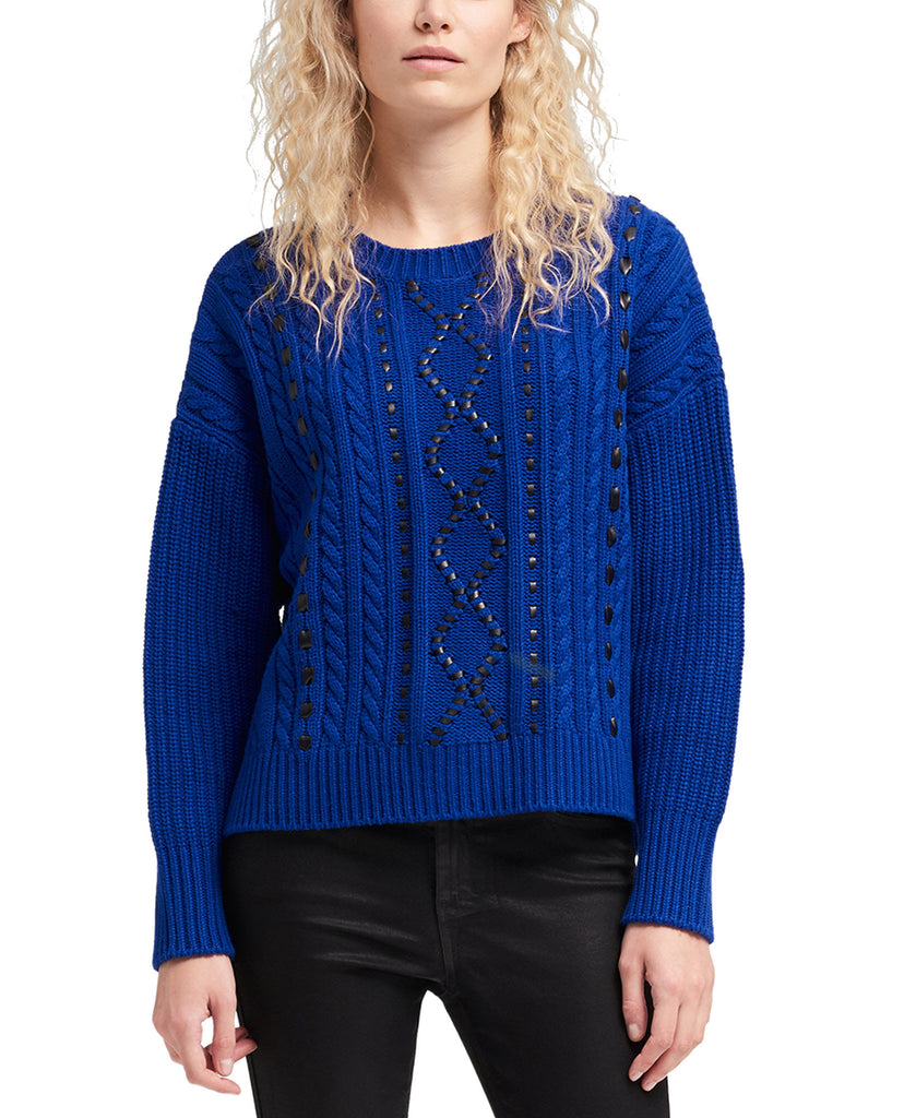 DKNY Women Faux Leather Cable Knit Sweater Sapphire