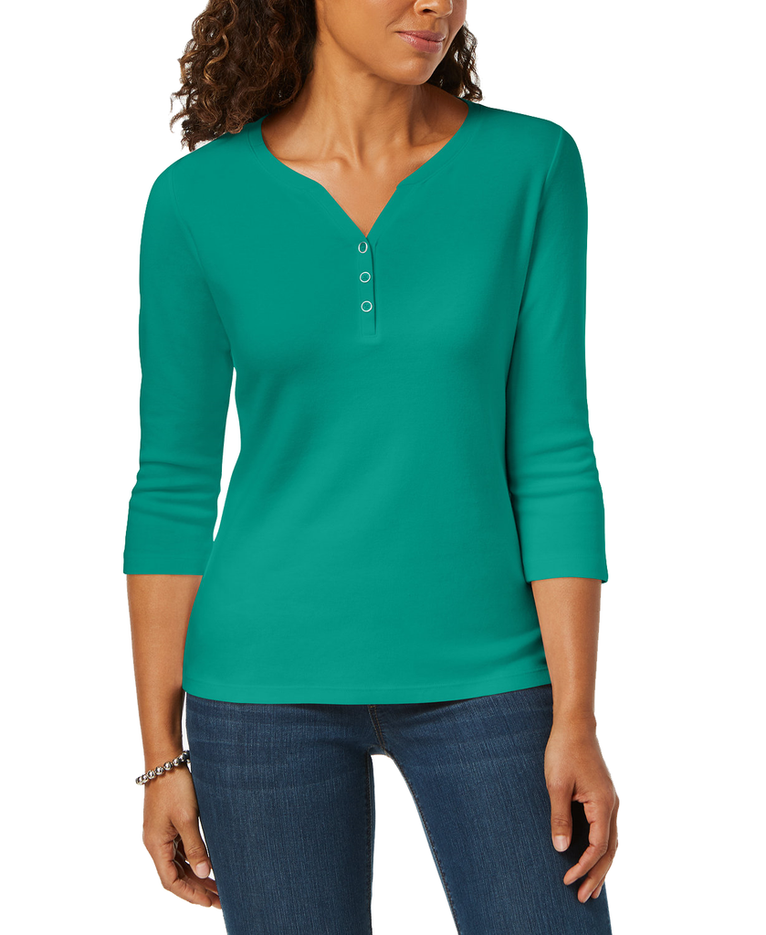 Karen Scott Women Cotton Henley Top Classic Teal