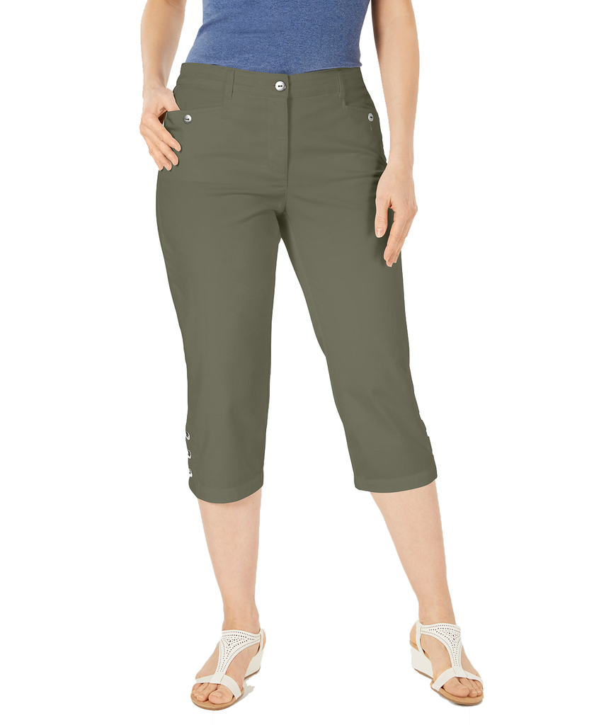 Karen Scott Women Button Hem Capri Pants Olive Sprig