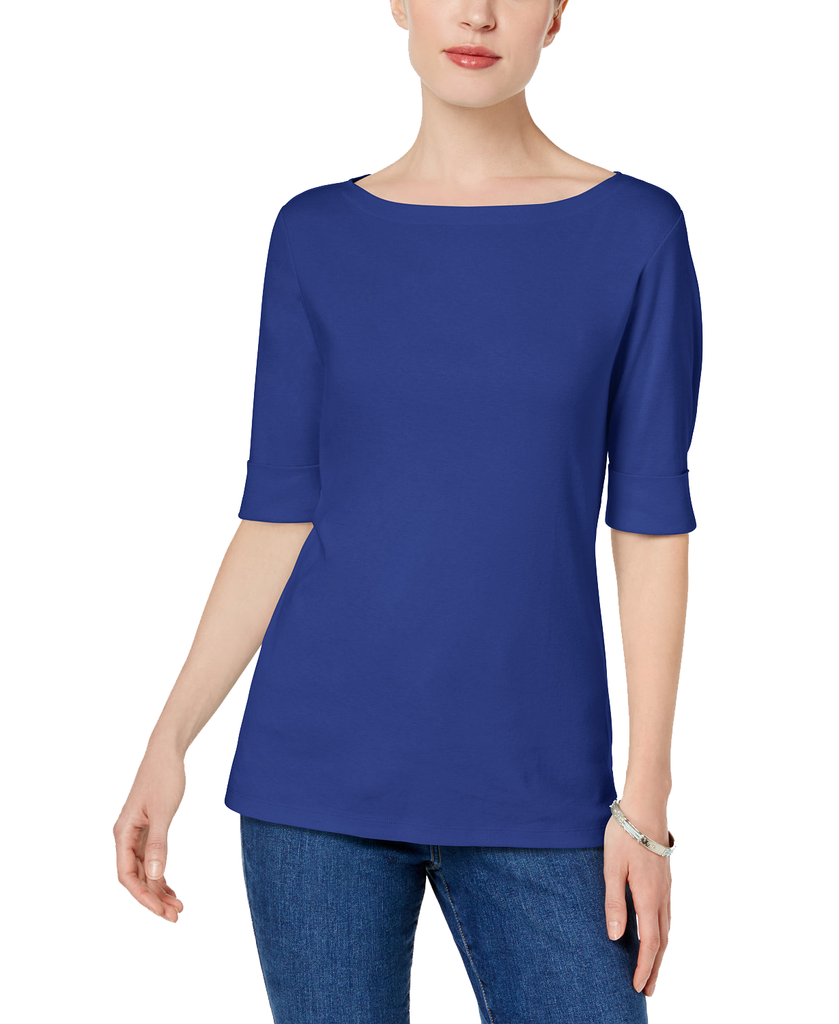 Karen Scott Women Cotton Elbow Sleeve Top Ultra Blue