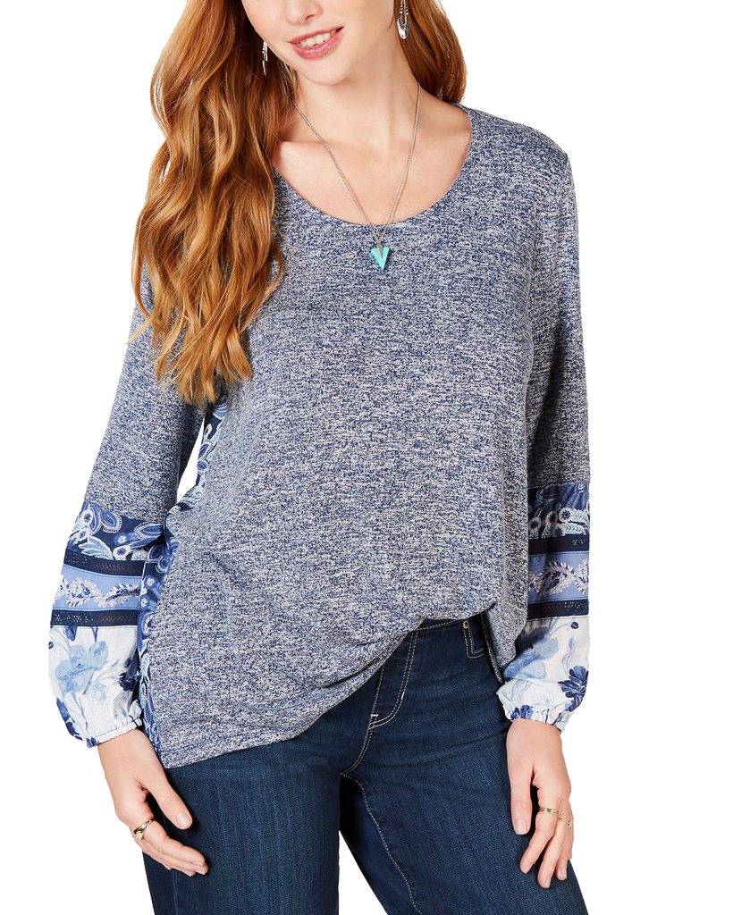 Style & Co Womens Mixed Media Bubble Sleeve Top Blue Painted Mix