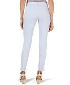 Light blue jeans worn by a person on a white background