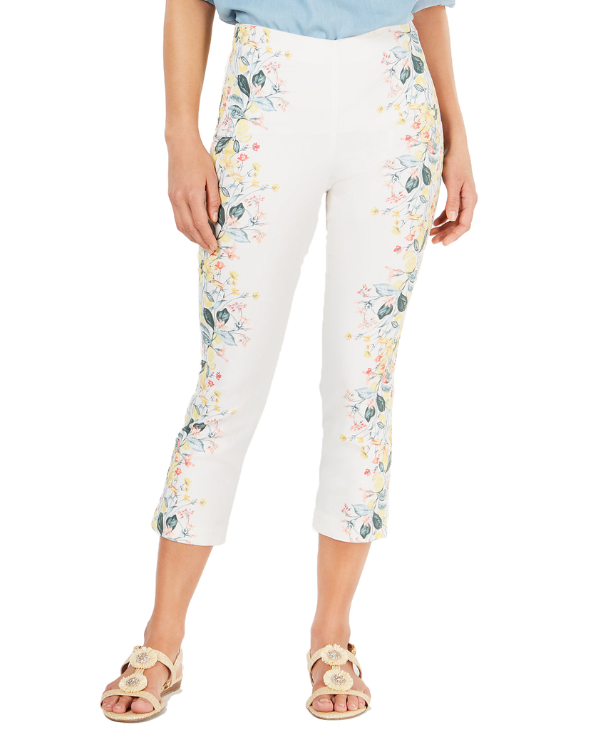 Charter Club Women Floral Print Pull On Pants Bright White Combo