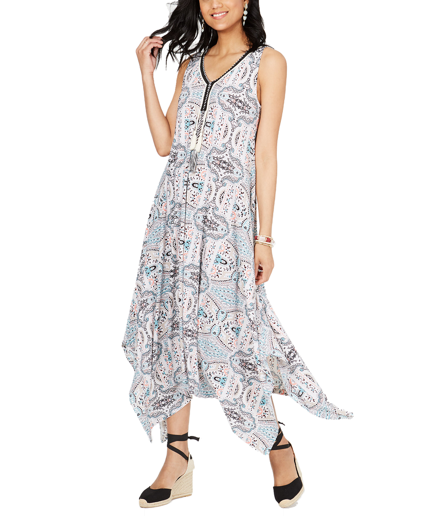 Style & Co Women Printed Sleeveless Handkerchief Hem Midi Dress Spring Maze