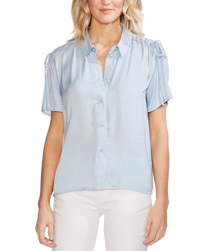 Vince Camuto Women Drawstring Shoulder Crinkle Top Bluebell