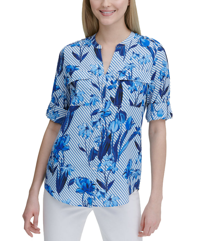 Calvin Klein Women Printed Roll Tab Blouse Regatta