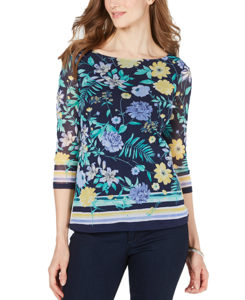 Charter Club Women Floral Print Boat Neck Top Intrepid Blue Combo