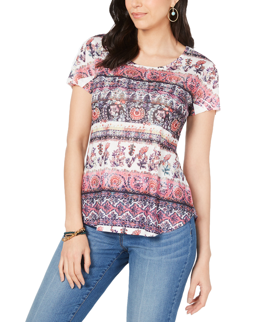 Style & Co Women Printed Scoop Neck T Shirt Seven Lines