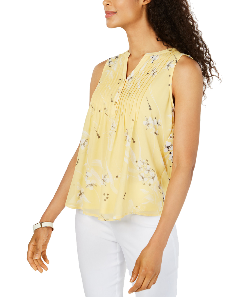 Charter Club Women Sleeveless Printed Pintuck Blouse Citron Aura Combo