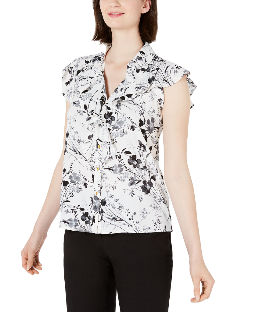 Calvin Klein Women Floral Print Ruffled Button Front Blouse Cream Black