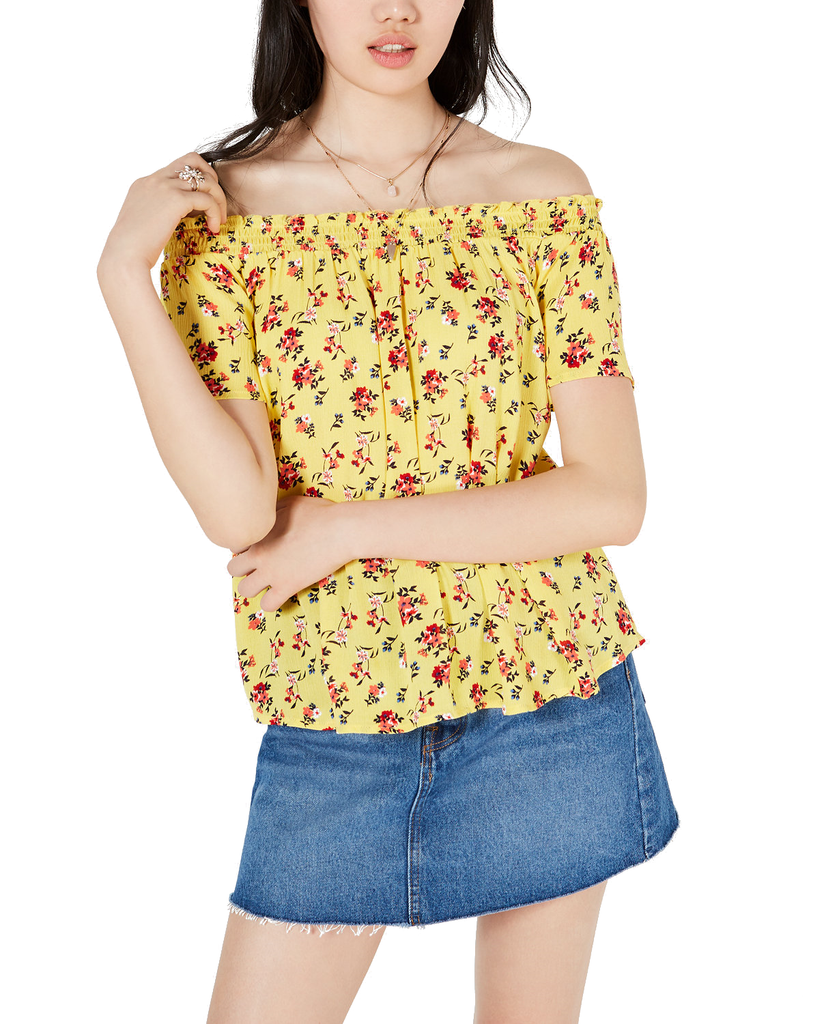 Self Esteem Women Printed Off The Shoulder Peasant Top Lemon Zest