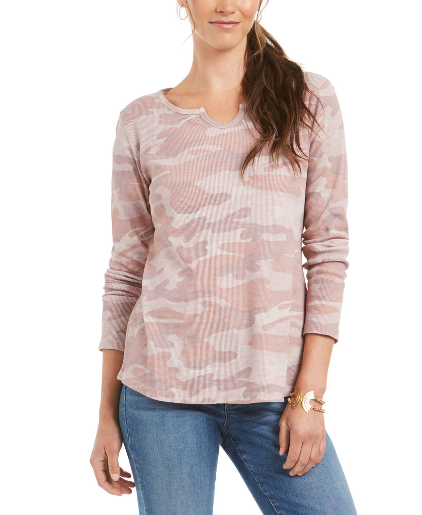 Style & Co Women Printed Split Neck Cotton Thermal Top Feminine Camo