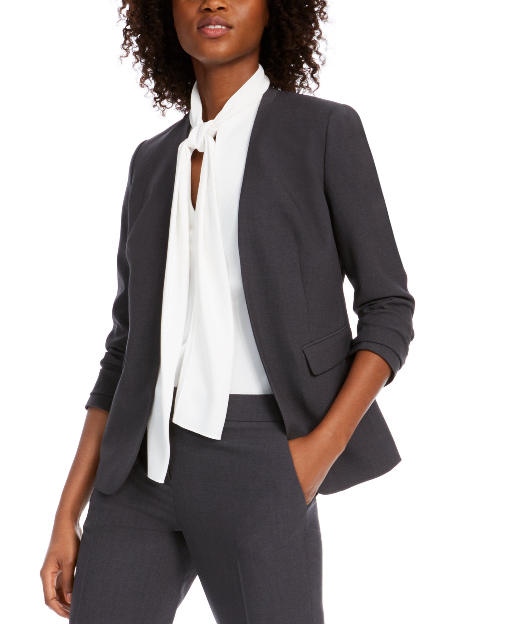 Bar III Women Collarless Open Front Blazer Granite Gray