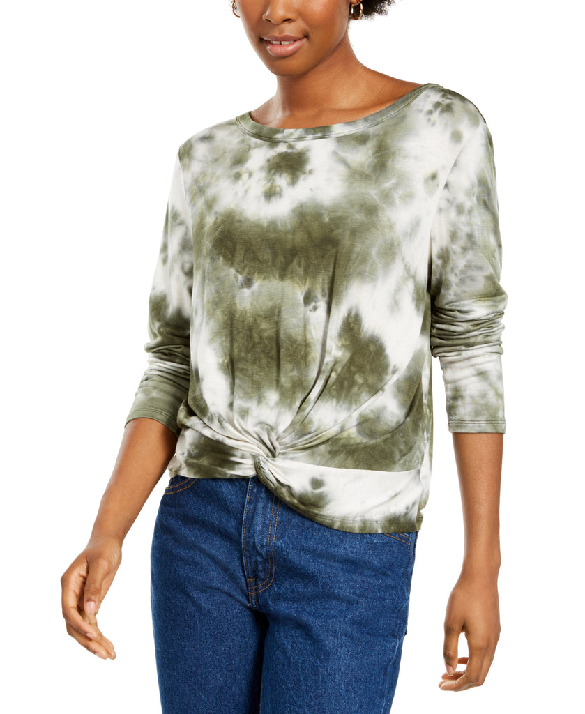 Hooked Up by IOT Women Tie Dye Twist Front Top Olive