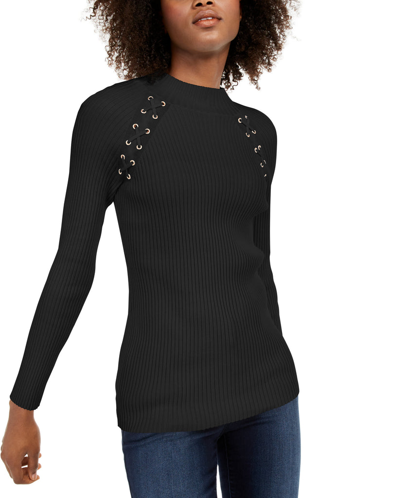 INC International Concepts Women Lace Up Sweater Deep Black