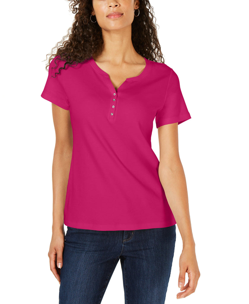 Karen Scott Women Short Sleeve Henley Top Pink Peacock