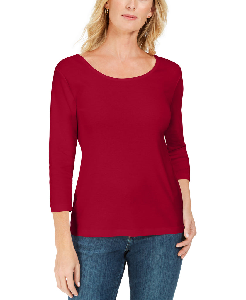 Karen Scott Women Cotton 3 4 Sleeve Top New Red Amoure