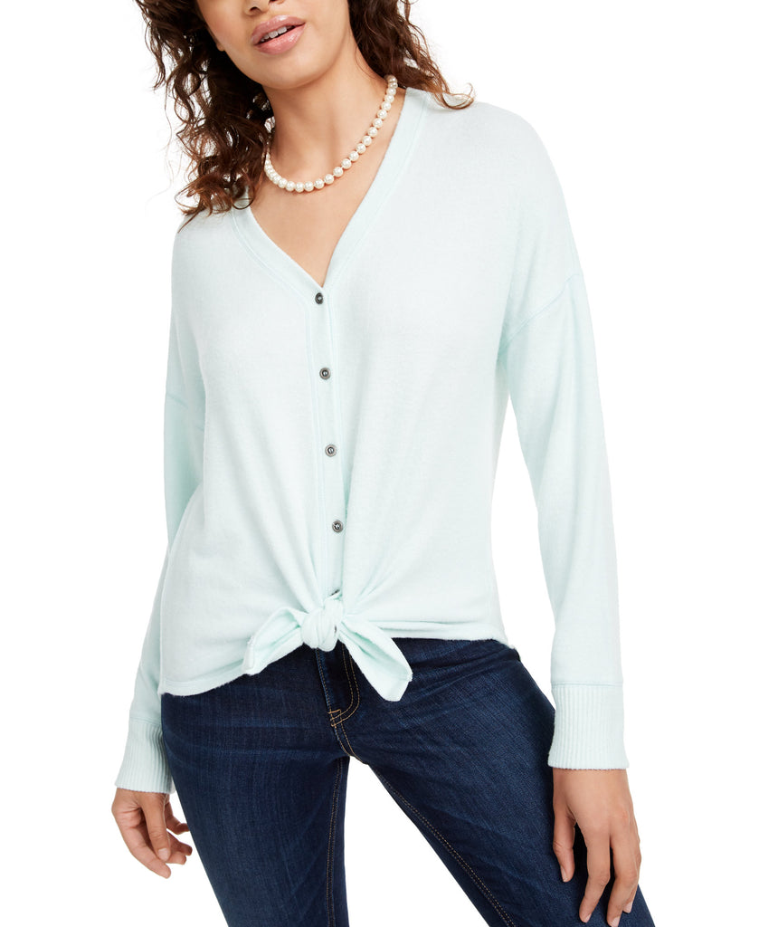 Hippie Rose Women Cozy Tie Front Shirt Sea Spray