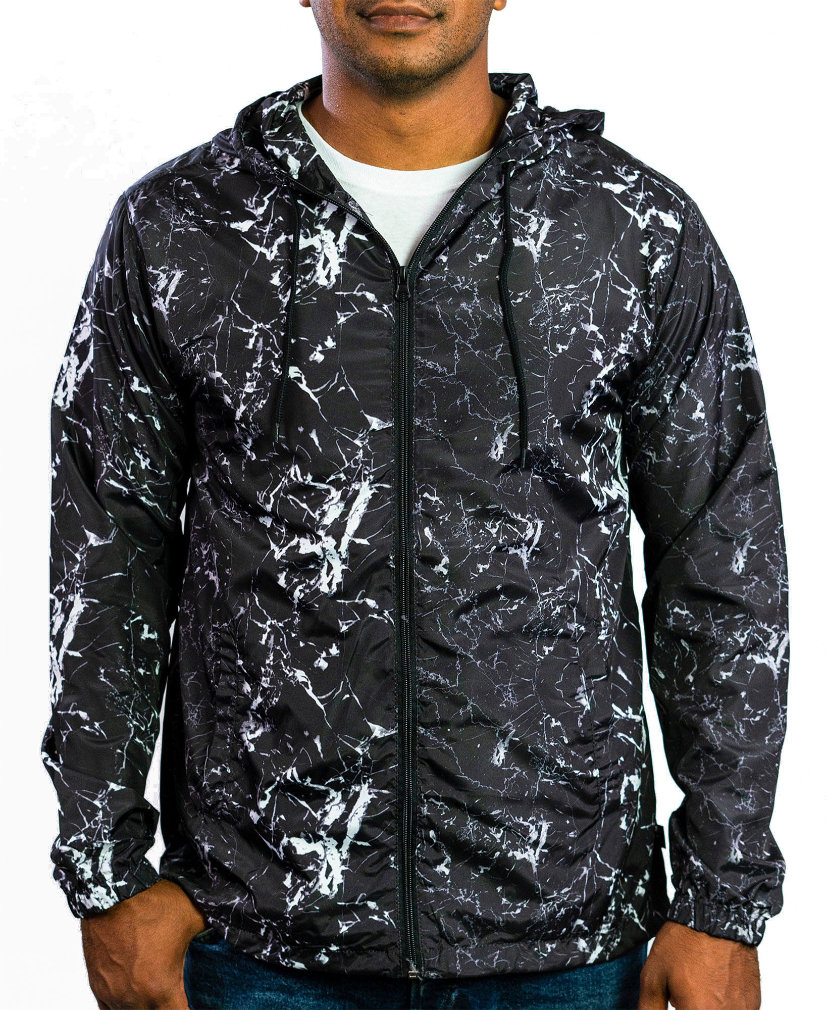 BEAUTIFUL GIANT Men Hooded Lightweight Windbreaker Black Marbelized