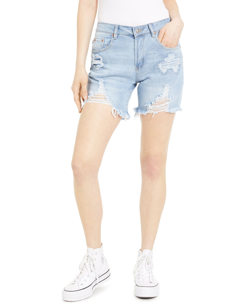 Almost Famous Women Ripped Raw Hem Denim Bermuda Shorts Light Wash