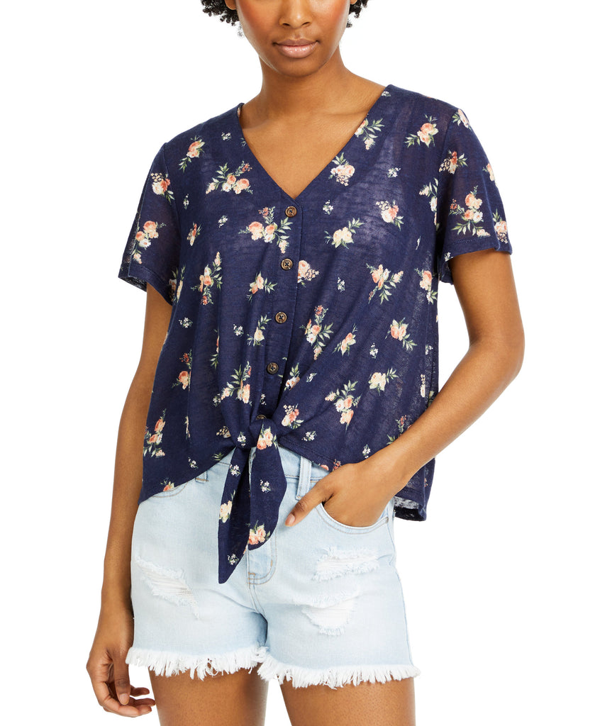 Hippie Rose Women Floral Print Tie Front Top Navy Floral